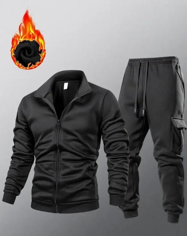 2 Pcs Men Fleece Plain Zipper Track Suit