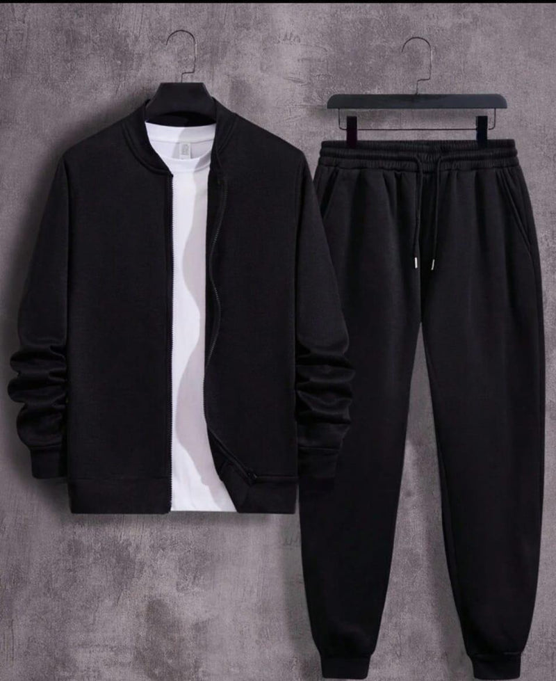 Winter 3Pcs Men Cotton Fleece Plain Zipper Track Suit